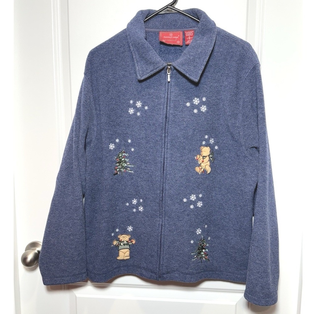 Ugly Christmas Jacket Womens XL 18 Blue Bear Fleece Zip Holiday Novelty